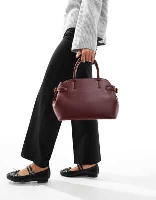 workwear tote bag with inner compartment and buckle detail in burgundy-Red