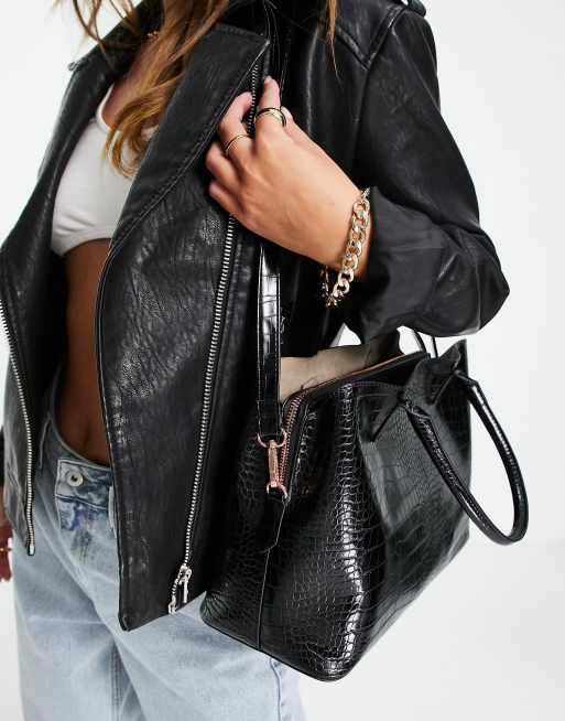 ASOS DESIGN workwear tote bag with rose gold hardware in black croc