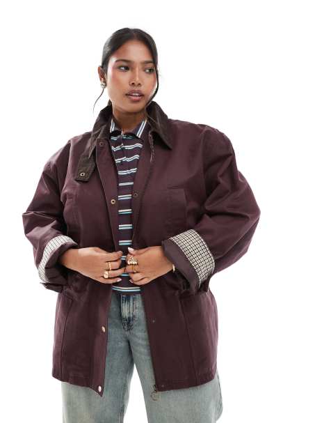 ASOS DESIGN – Woskowana śliwkowa kurtka z marszczeniem w talii z kontrastowym kołnierzem - view 1