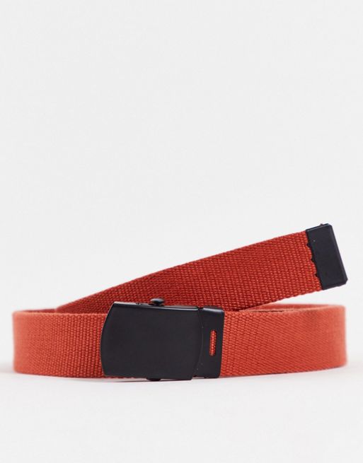 ASOS DESIGN woven belt in burnt orange with black buckle detail | ASOS