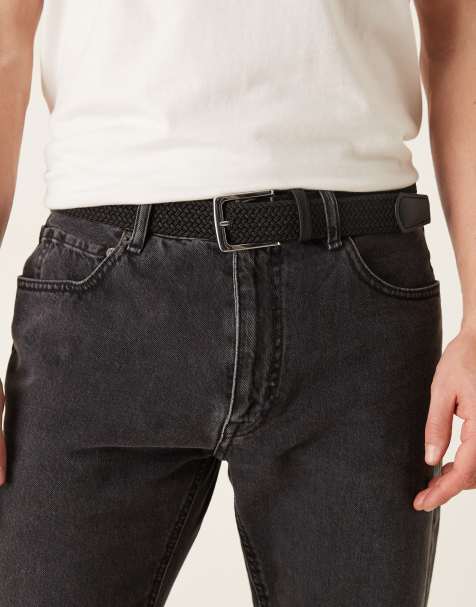 ASOS DESIGN woven belt with faux leather end piece in black - view 1