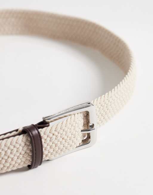 ASOS DESIGN woven belt with faux leather tip in stone, 2 of 3