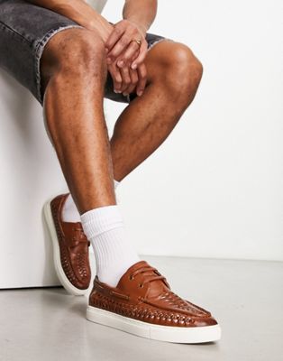 Asos Design Woven Boat Shoes In Tan Faux Leather With Contrast Sole-brown