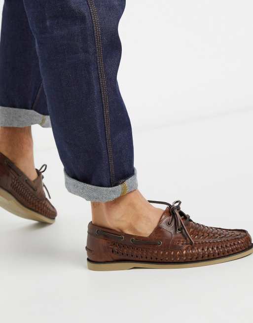 Asos Design Woven Boat Shoes In Tan Leather With Gum Sole Asos