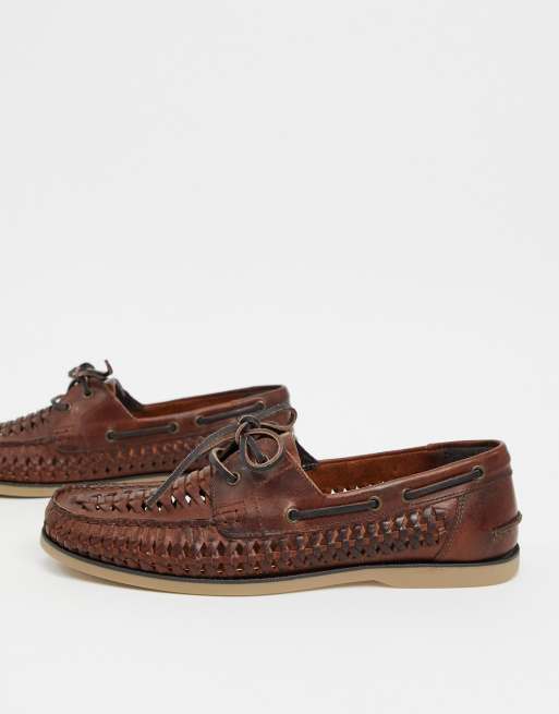 Asos Design Woven Boat Shoes In Tan Leather With Gum Sole Asos