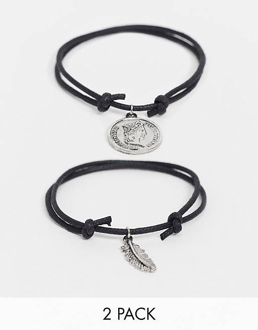 ASOS DESIGN 2 pack woven bracelet with feather charm in black
