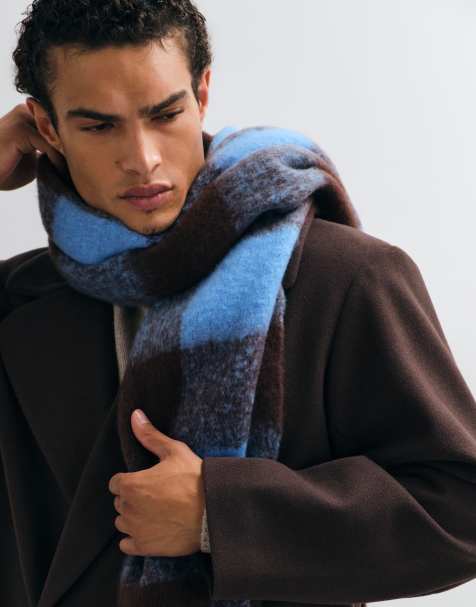 ASOS DESIGN woven brushed check scarf in blue and brown - view 1