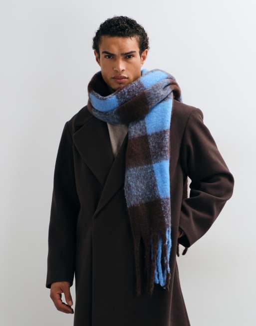 ASOS DESIGN woven brushed check scarf in blue and brown, 2 of 3