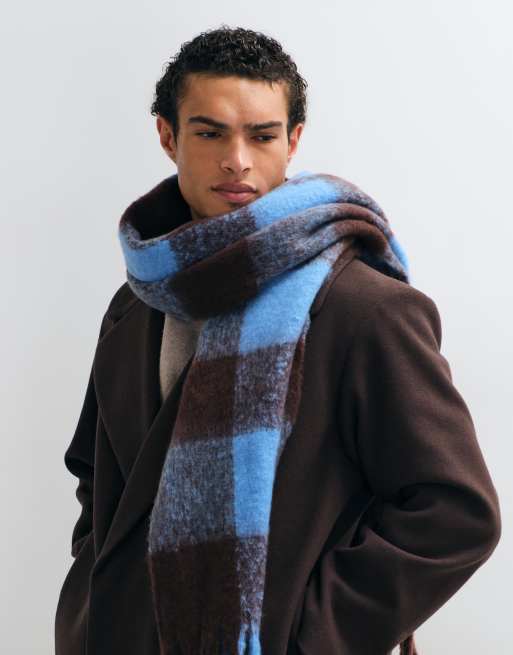 ASOS DESIGN woven brushed check scarf in blue and brown, 3 of 3
