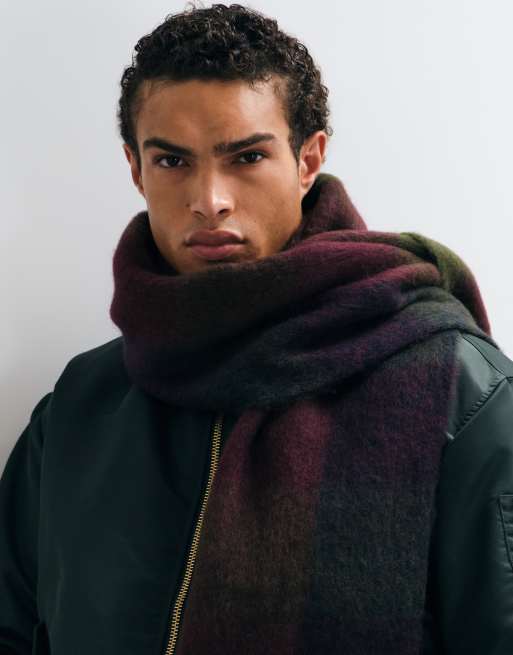 ASOS DESIGN woven brushed check scarf in burgundy and green, 2 of 3