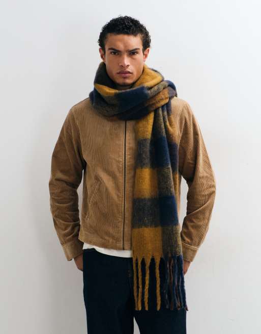 ASOS DESIGN woven brushed check scarf in orange and navy, 2 of 3