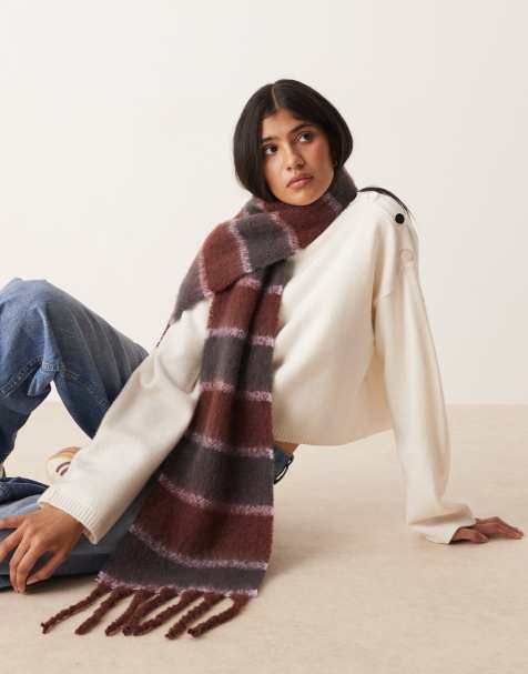 ASOS DESIGN woven brushed stripe design scarf in burgundy multi - view 1