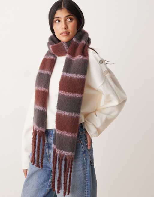 ASOS DESIGN woven brushed stripe design scarf in burgundy multi, 3 of 3