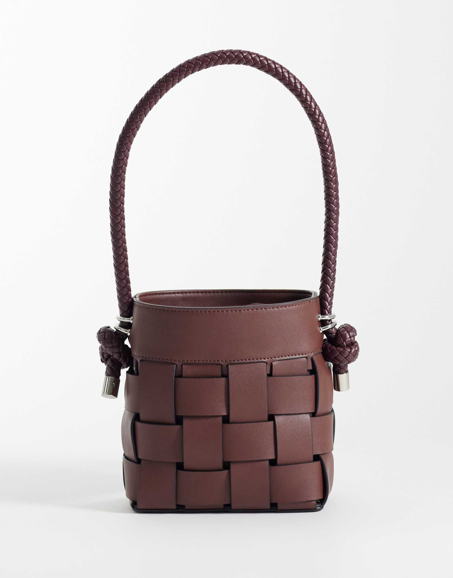 asos design woven bucket shoulder bag in chocolate