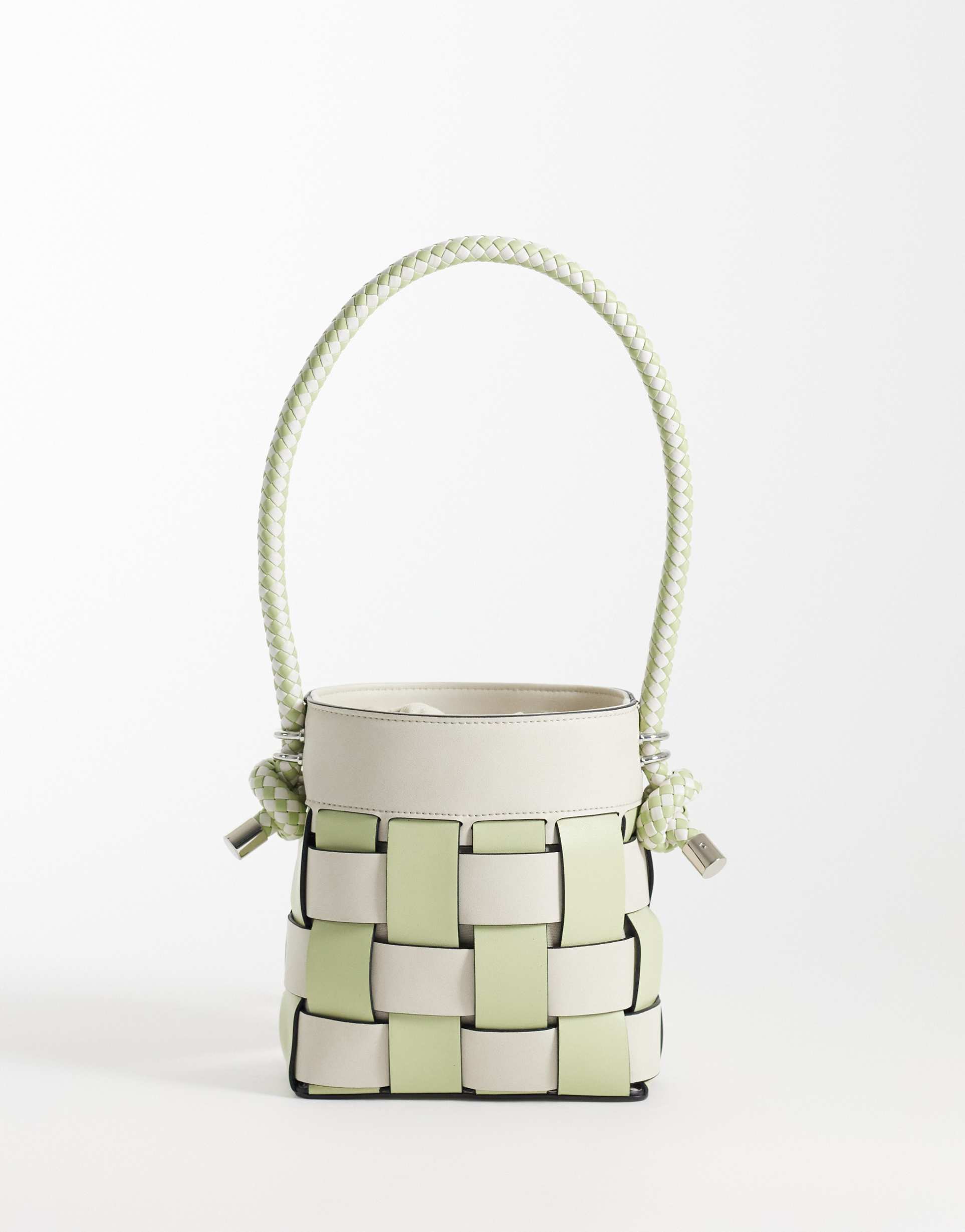 asos design woven bucket shoulder bag in two tone sage & cream