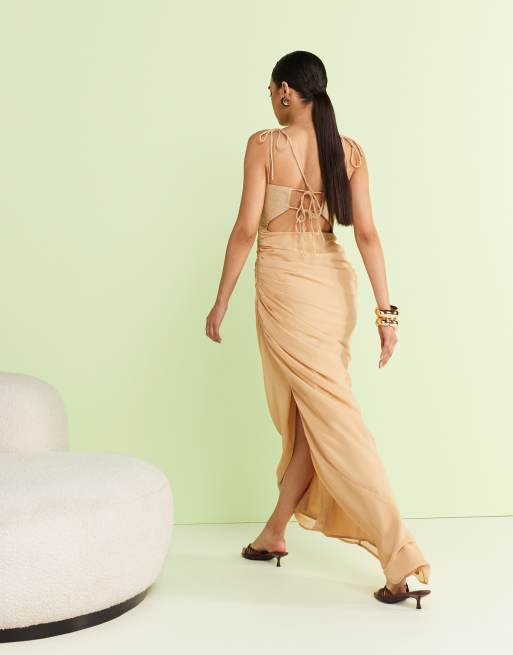 ASOS DESIGN woven bust maxi dress with draped chiffon skirt in tan