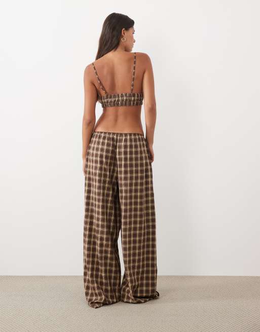 ASOS DESIGN woven check crop and wide leg trouser pyjama set with lace trim in brown, 3 of 4