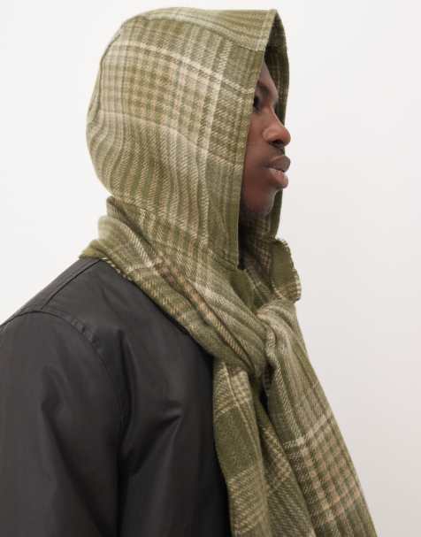 ASOS DESIGN woven check hooded scarf in green - view 1