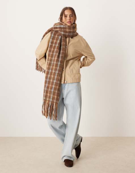 ASOS DESIGN woven check scarf in chocolate with pale blue - view 1