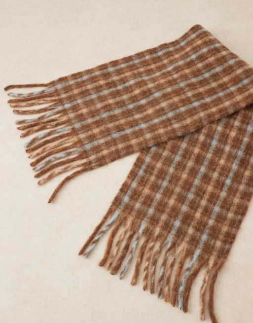 ASOS DESIGN woven check scarf in chocolate with pale blue, 2 of 3