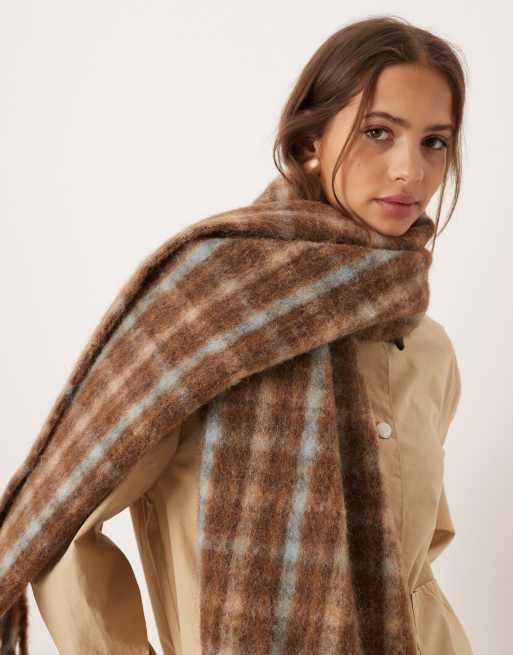 ASOS DESIGN woven check scarf in chocolate with pale blue, 3 of 3