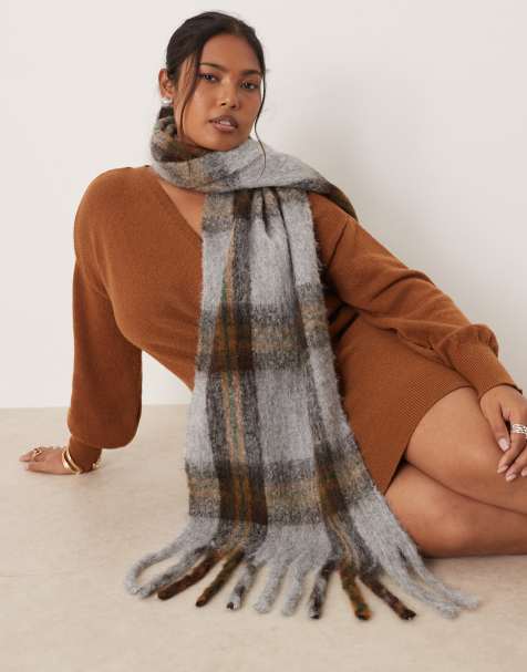 ASOS DESIGN woven check tassel scarf in grey and brown - view 1