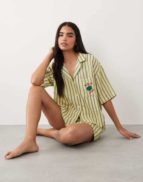 ASOS DESIGN woven cotton gauze half sleeve "olive you" striped shirt and shorts pajama set in yellow and green stripes - view 1