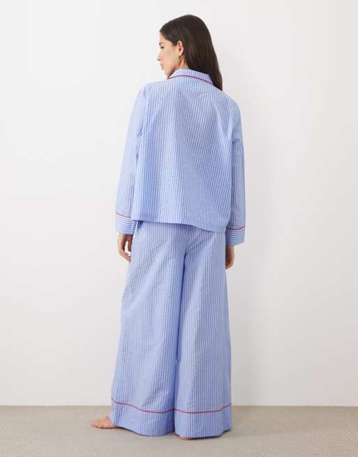 ASOS DESIGN woven cotton long sleeve shirt and wide leg trouser pyjama set in blue stripe, 2 of 4