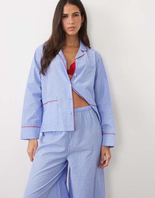 ASOS DESIGN woven cotton long sleeve shirt and wide leg trouser pyjama set in blue stripe, 4 of 4