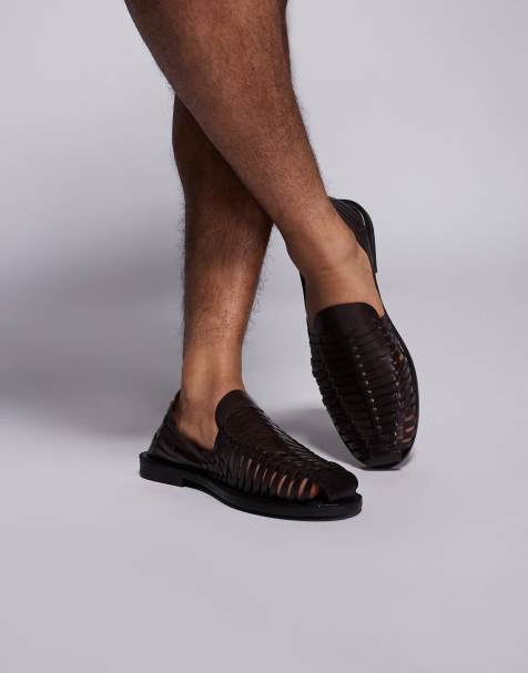 ASOS DESIGN woven fisherman sandals in brown leather - view 1