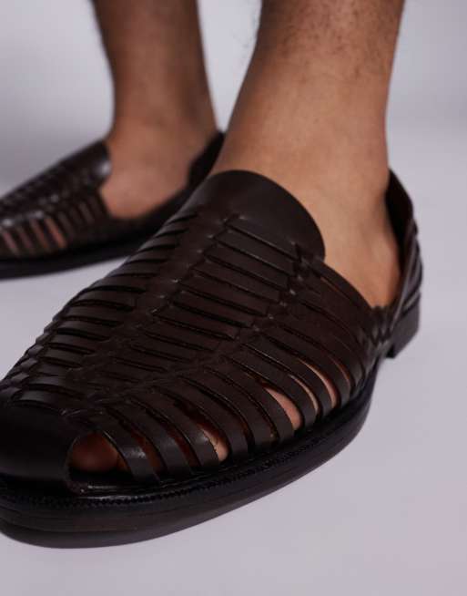 ASOS DESIGN woven fisherman sandals in brown leather, 2 of 4
