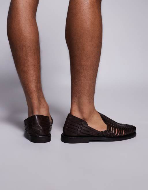 ASOS DESIGN woven fisherman sandals in brown leather