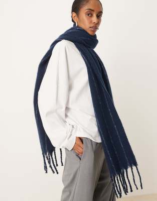 Asos Design Woven Fluffy Scarf With Navy And Gray Stripe Design-multi In Blue