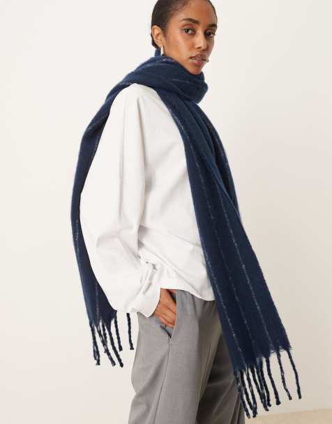 ASOS DESIGN woven fluffy scarf with navy and gray stripe design - view 1