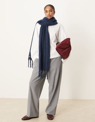 Asos Design Woven Fluffy Scarf With Navy And Gray Stripe Design-multi In Blue
