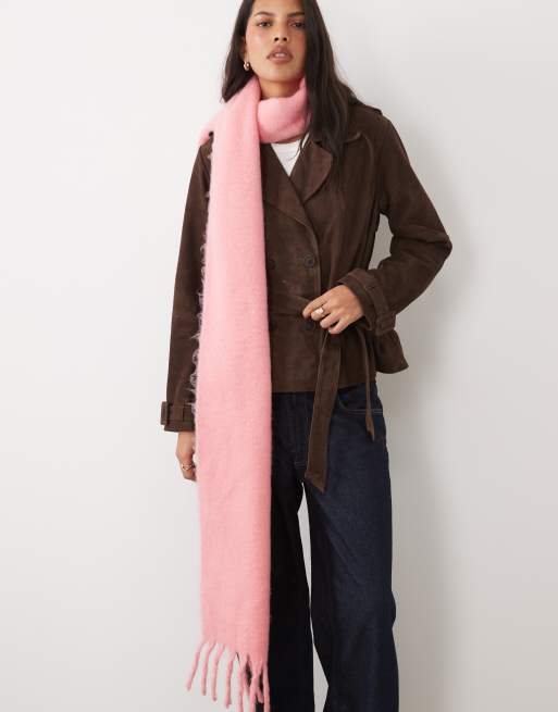 ASOS DESIGN woven fluffy tassel scarf in bright pink, 2 of 3