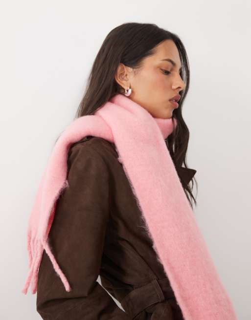 ASOS DESIGN woven fluffy tassel scarf in bright pink, 3 of 3