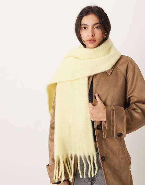 ASOS DESIGN woven fluffy tassel scarf in buttermilk yellow