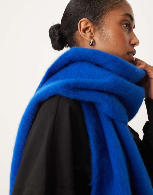ASOS DESIGN woven fluffy tassel scarf in cobalt blue