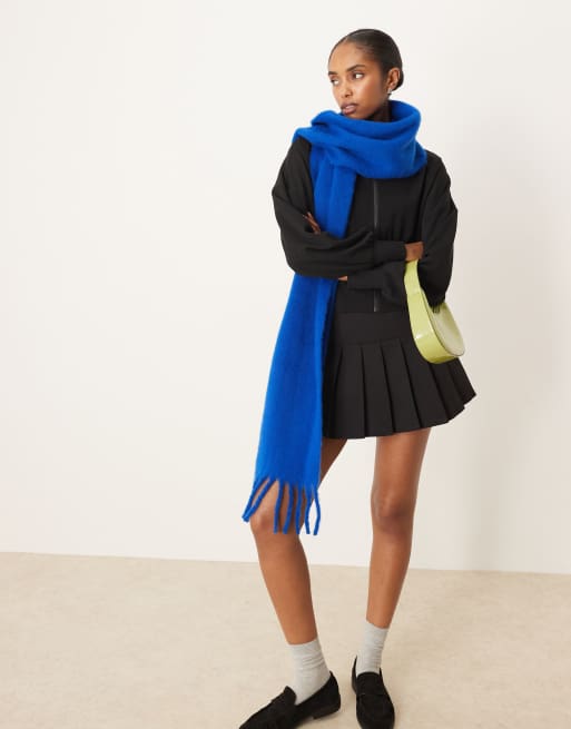 ASOS DESIGN woven fluffy tassel scarf in cobalt blue