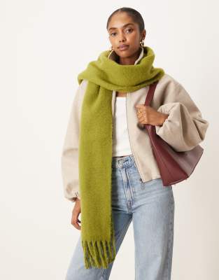 Asos Design Woven Fluffy Tassel Scarf In Green