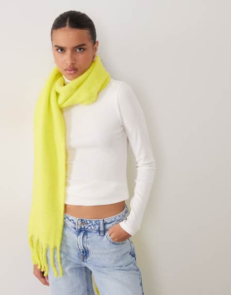 ASOS DESIGN woven fluffy tassel scarf in lime - view 1