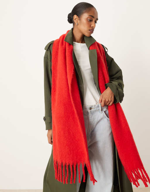 ASOS DESIGN woven fluffy tassel scarf in red