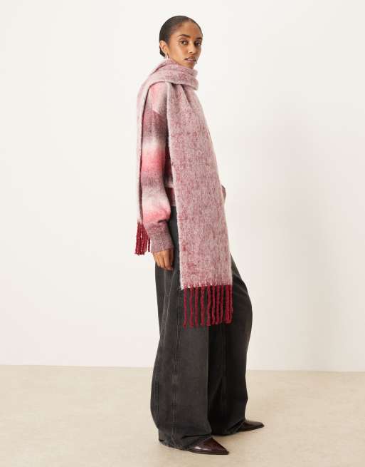 ASOS DESIGN woven fluffy tassel scarf in two tone red