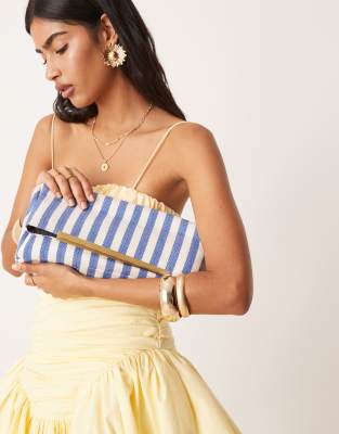 ASOS DESIGN woven fold-over clutch bag in blue stripe