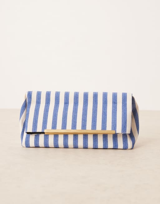 ASOS DESIGN woven foldover clutch bag in blue stripe, 4 of 4