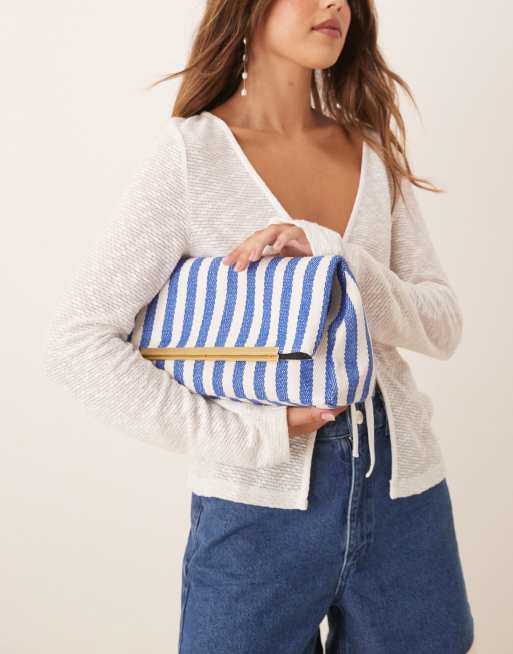ASOS DESIGN woven foldover clutch bag with bar detail in blue stripe