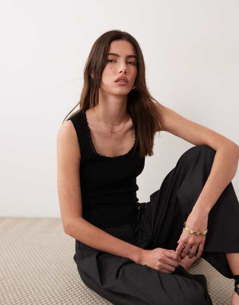 ASOS DESIGN satin frill edge knitted cami top in black