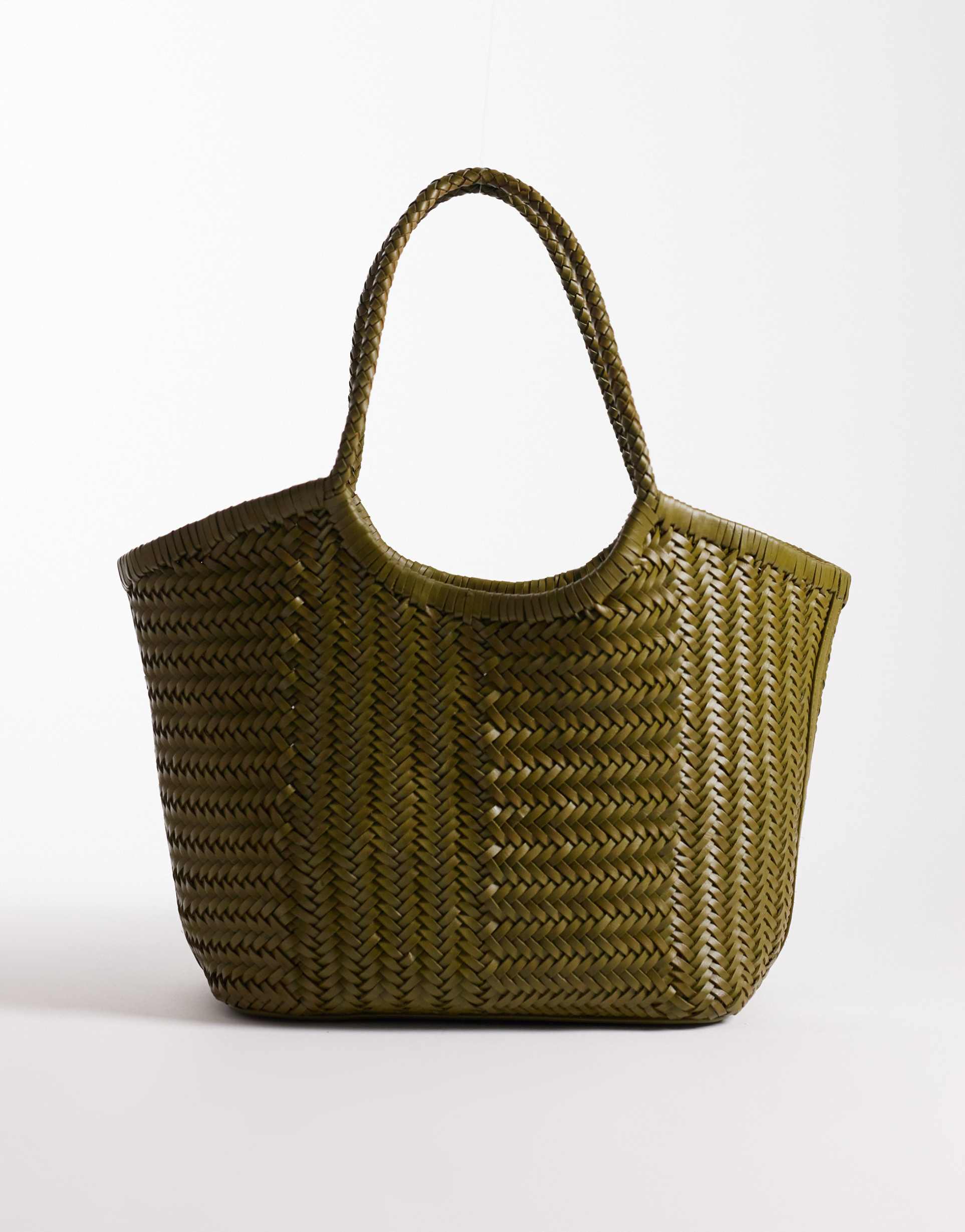 asos design woven leather basket bag in khaki green