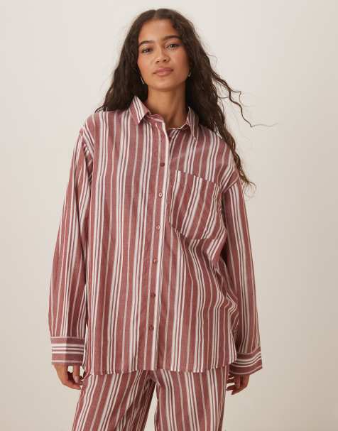 ASOS DESIGN woven long sleeve lightweight pajama shirt in red & white stripes - view 1
